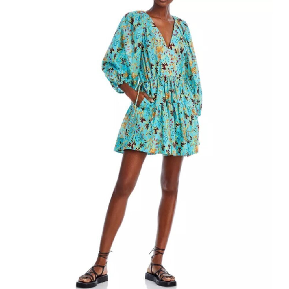 A.L.C. 'Sally' Printed Cotton Cinch-Tie Mini-Dress, Grotto Multi (Blue Multi)